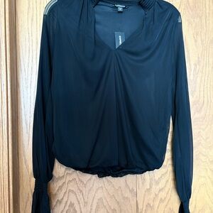 Express Smocked Collar Black V-Neck Blouse